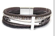 Leather Magnetic Bracelet Grey with cross
