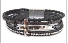 Leather Magnetic Bracelet RGY-VN with cross/Blessed